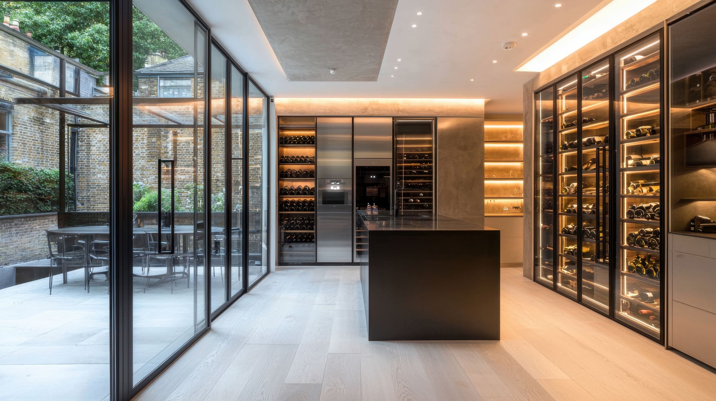 Illuminated glass-fronted wine cabinetry flanking a kitchen island