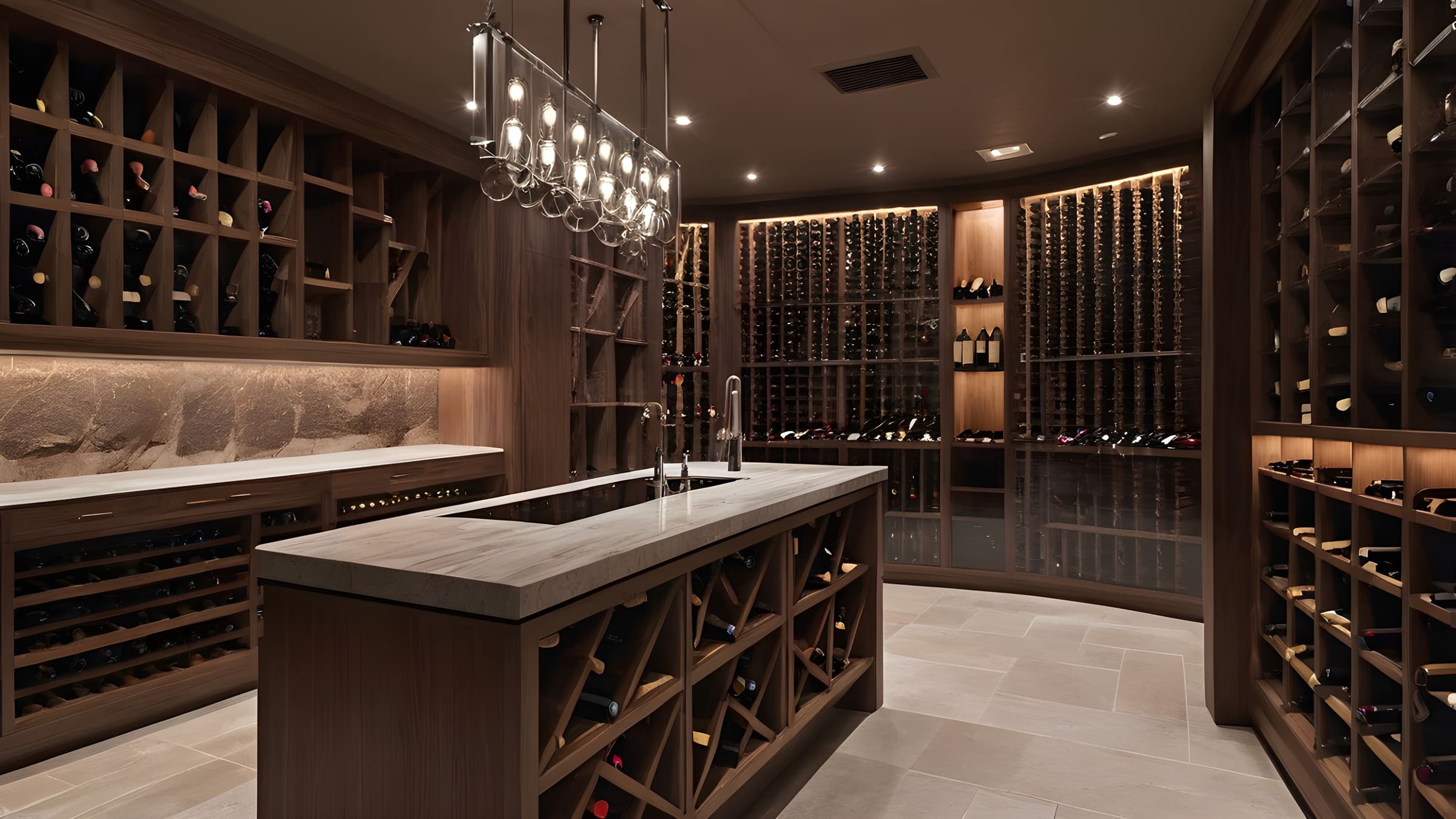 Traditional walk-in wine cellar in dark wood with a stone-topped island