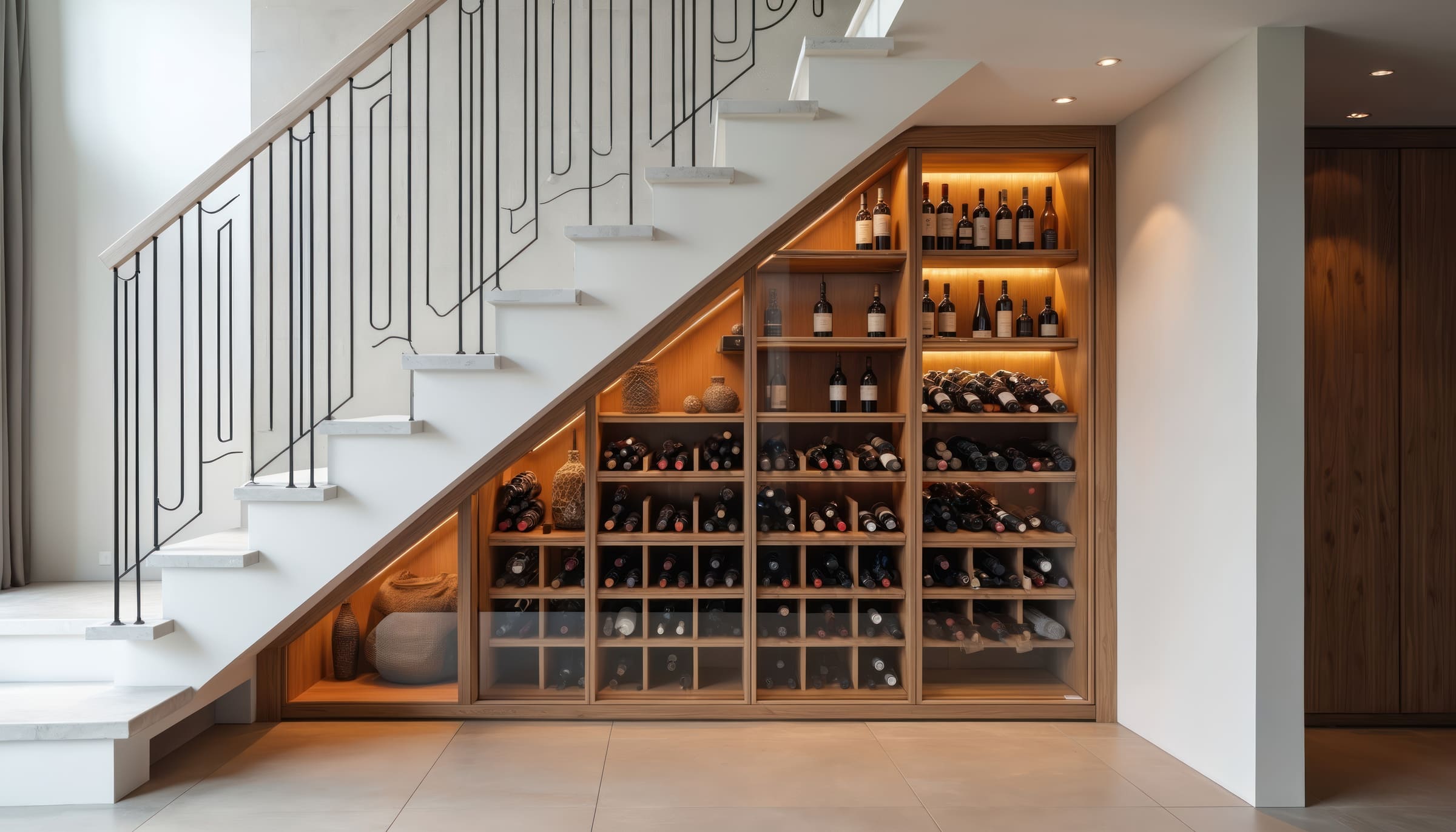 Under-stair wine storage with lit oak shelving and diamond bins